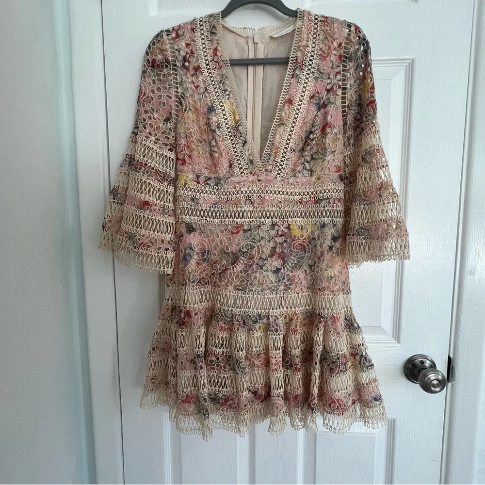 Zimmerman A Line Dress w Crochet Mesh Detailing and Beige w pink & purple Sz 6 - Picture 7 of 11